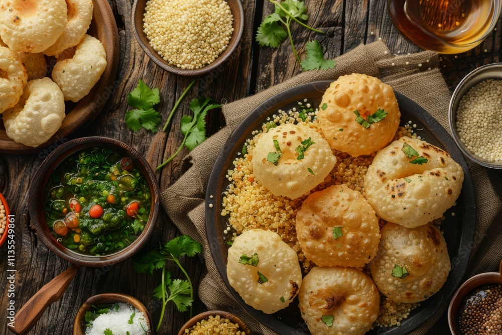 Baked Pani Puri with Healthier Ingredients on a Rustic Wooden Table Surrounded by Fresh Herbs and Spices for a Vibrant Culinary Experience Baked Pani Puri with Healthier Ingredients on a Rustic Wooden Table Surrounded by Fresh Herbs and Spices for a Vibrant Culinary Experience