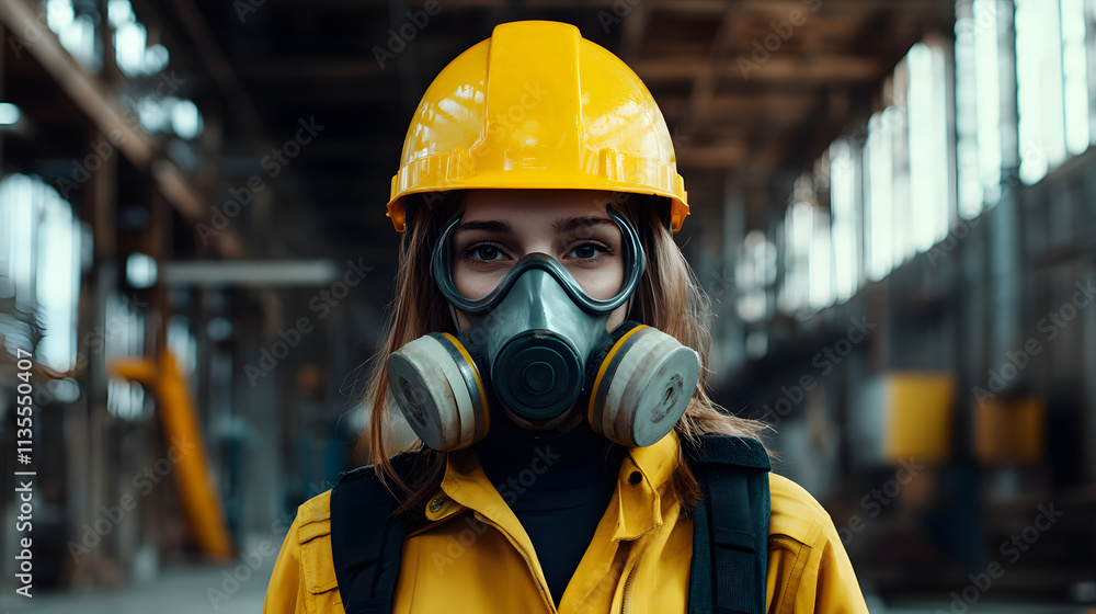 A woman adorned in a vibrant yellow helmet and protective gas mask stands confidently in a hazardous work environment. Her sturdy attire hints at the dangerous nature of her surroundings. A woman adorned in a vibrant yellow helmet and protective gas mask stands confidently in a hazardous work environment. Her sturdy attire hints at the dangerous nature of her surroundings.