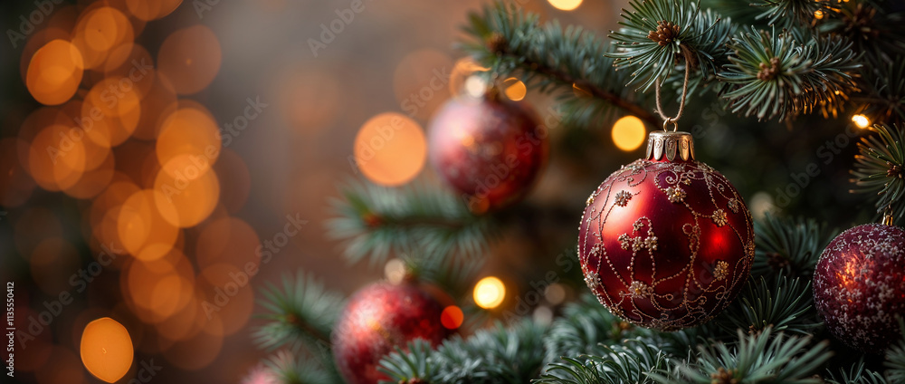 Festive Christmas Tree Ornaments Sparkling on Pine Branches Holiday Background Illustration Festive Christmas Tree Ornaments Sparkling on Pine Branches Holiday Background Illustration