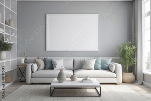 Coastal style living room interior, room in Dove Gray colors, blank white poster frame photo