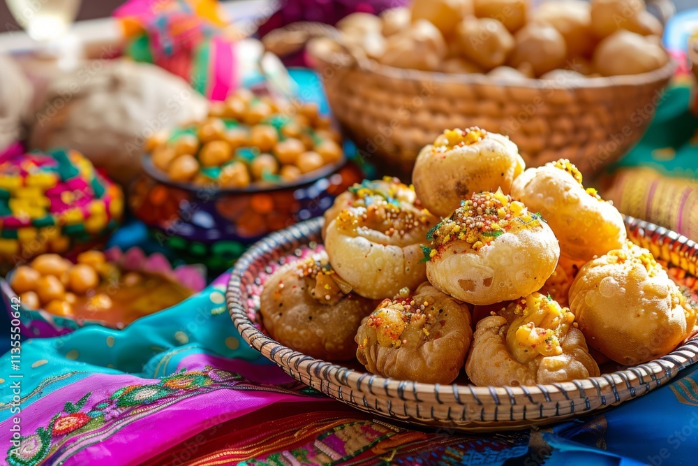 Colorful Festive Setup Featuring Plate of Freshly Made Indian Snacks Placed on Vibrant Textiles with Decorative Elements and Traditional Accessories Colorful Festive Setup Featuring Plate of Freshly Made Indian Snacks Placed on Vibrant Textiles with Decorative Elements and Traditional Accessories