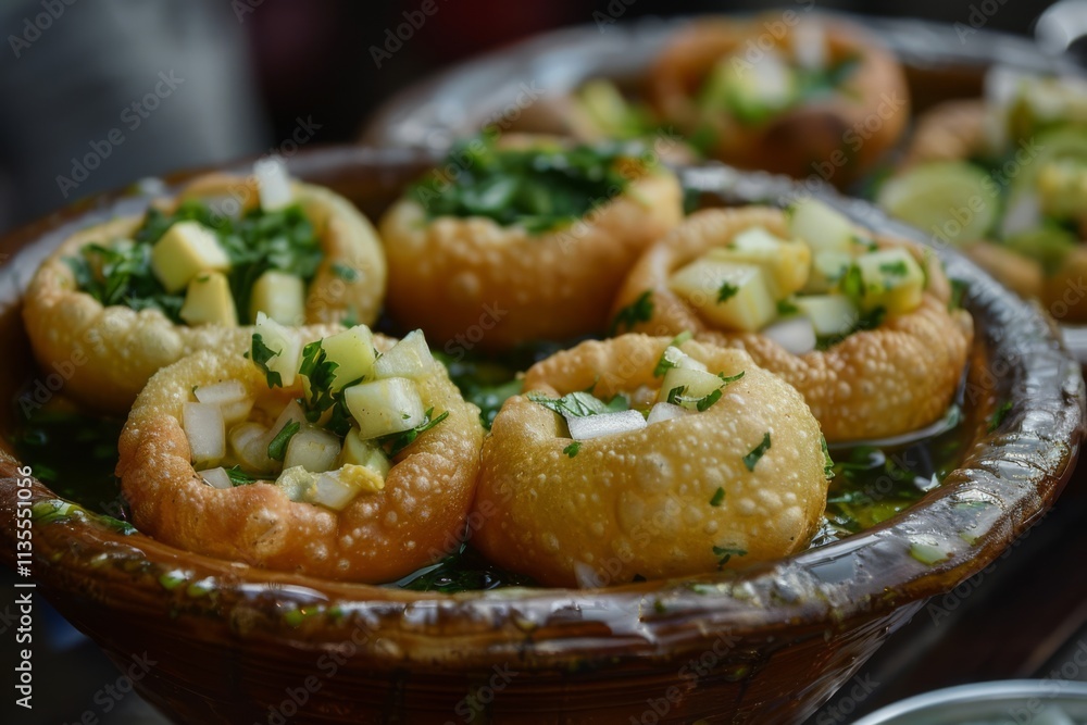 Delicious Street Food Delight: Crispy Pani Puri Filled with Spicy Potato, Tangy Sauce, and Fresh Greens, Perfect for a Festive Culinary Experience Delicious Street Food Delight: Crispy Pani Puri Filled with Spicy Potato, Tangy Sauce, and Fresh Greens, Perfect for a Festive Culinary Experience