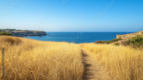 Coastal pathway through golden grass fields leading to the ocean under clear blue sky