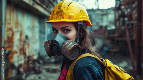 A woman adorned in a vibrant yellow helmet and protective gas mask stands confidently in a hazardous work environment. Her sturdy attire hints at the dangerous nature of her surroundings. 