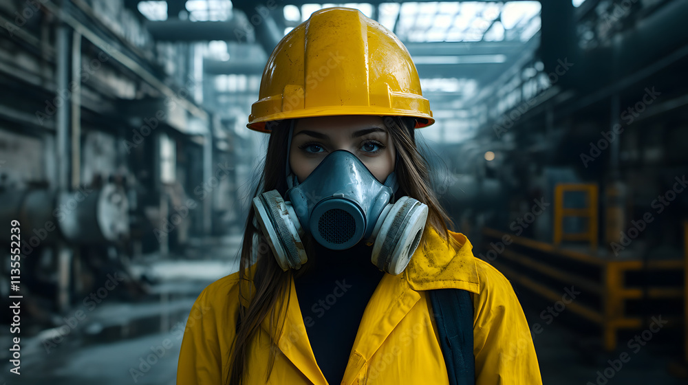 A woman adorned in a vibrant yellow helmet and protective gas mask stands confidently in a hazardous work environment. Her sturdy attire hints at the dangerous nature of her surroundings. A woman adorned in a vibrant yellow helmet and protective gas mask stands confidently in a hazardous work environment. Her sturdy attire hints at the dangerous nature of her surroundings.