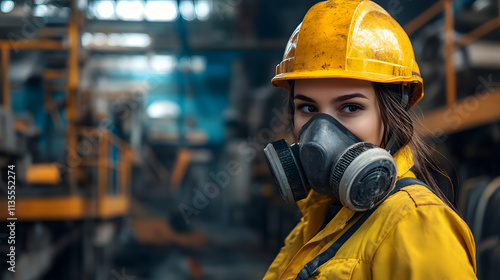 A woman adorned in a vibrant yellow helmet and protective gas mask stands confidently in a hazardous work environment. Her sturdy attire hints at the dangerous nature of her surroundings. 