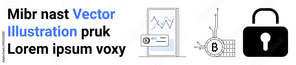Lock icon, smartphone with financial graph, and Bitcoin blockchain diagram. Ideal for cybersecurity, finance, technology, blockchain, data analysis, financial apps, digital wallets. Landing page Lock icon, smartphone with financial graph, and Bitcoin blockchain diagram. Ideal for cybersecurity, finance, technology, blockchain, data analysis, financial apps, digital wallets. Landing page