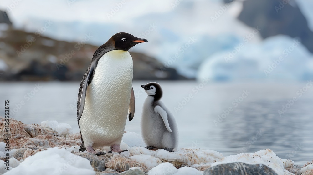 Fototapeta premium Adélie penguin and chick in antarctic landscape: a glimpse of polar wildlife