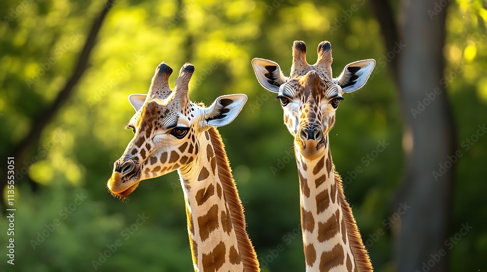 Two Giraffes in Sunlight. Wildlife, African Safari, Nature. Two Giraffes in Sunlight. Wildlife, African Safari, Nature.