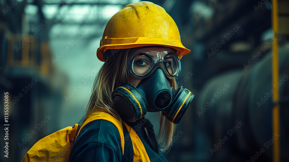 A woman adorned in a vibrant yellow helmet and protective gas mask stands confidently in a hazardous work environment. Her sturdy attire hints at the dangerous nature of her surroundings. A woman adorned in a vibrant yellow helmet and protective gas mask stands confidently in a hazardous work environment. Her sturdy attire hints at the dangerous nature of her surroundings.