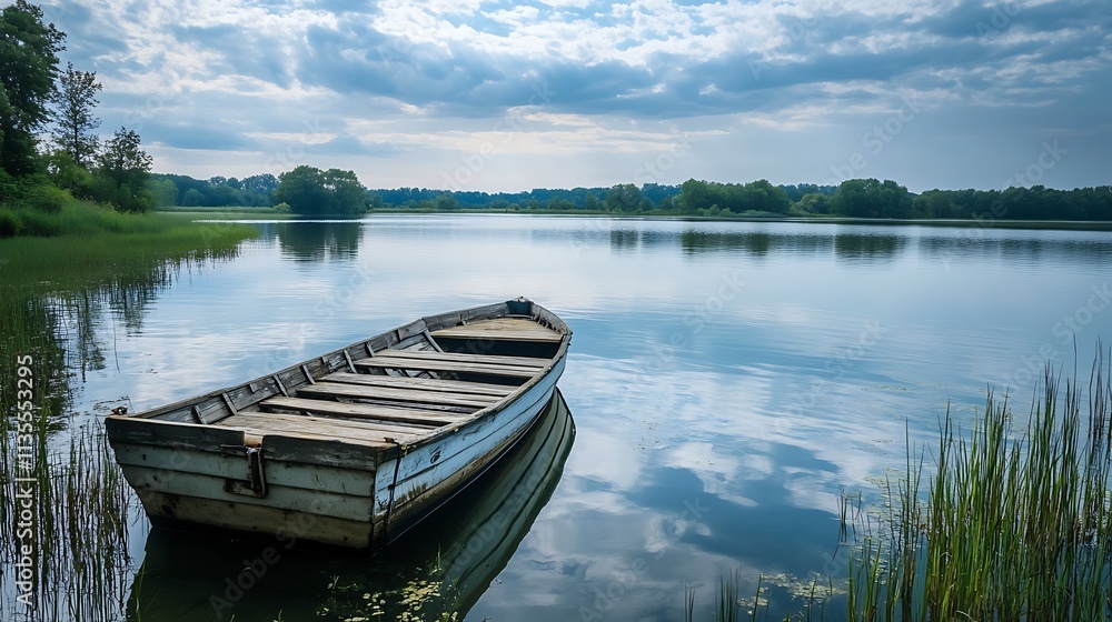 Obraz premium Tranquil lake scene with old wooden boat. Concept of peace, serenity, and nature.