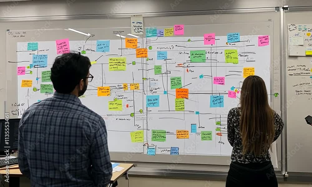 A team analyzes a large whiteboard filled with colorful sticky notes ...