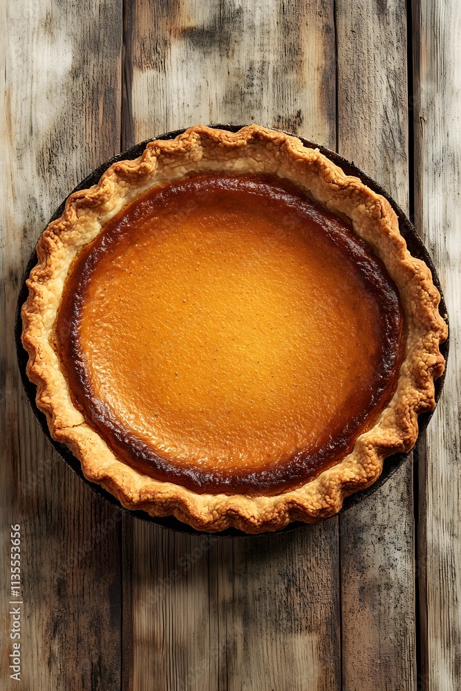 A freshly baked pumpkin pie with a golden crust on a rustic wooden surface. A freshly baked pumpkin pie with a golden crust on a rustic wooden surface.