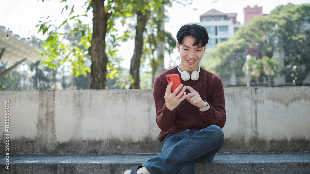Obraz premium Happy young asian man sitting on park bench, holding smartphone and smiling.