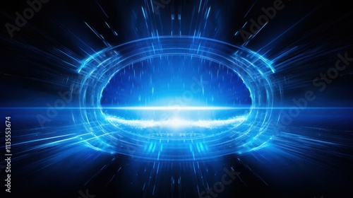 A bright blue light portal with a neon glow, featuring cascading light trails and abstract energy waves that give