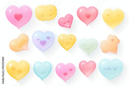 A collection of pastel-colored speech bubbles with simple icons like hearts designed in a soft pop style. Isolated on white background