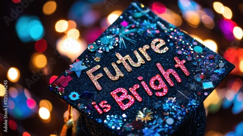 A close-up of a decorated graduation cap with the words 