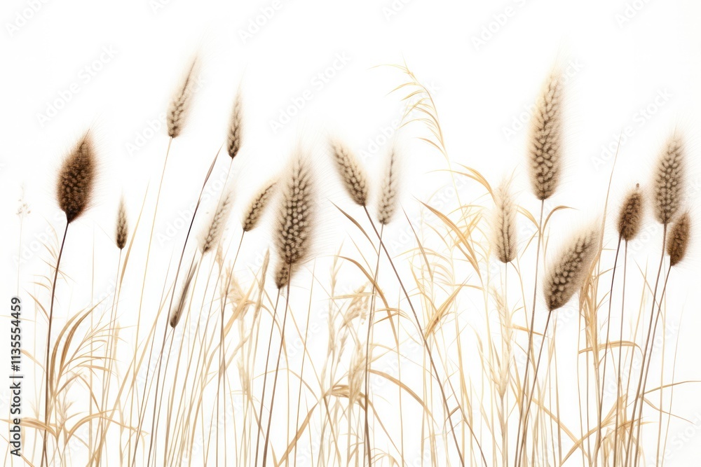 Fototapeta A small group of wild grasses with varied heights and soft, feathery tips, contrasted against a stark white background