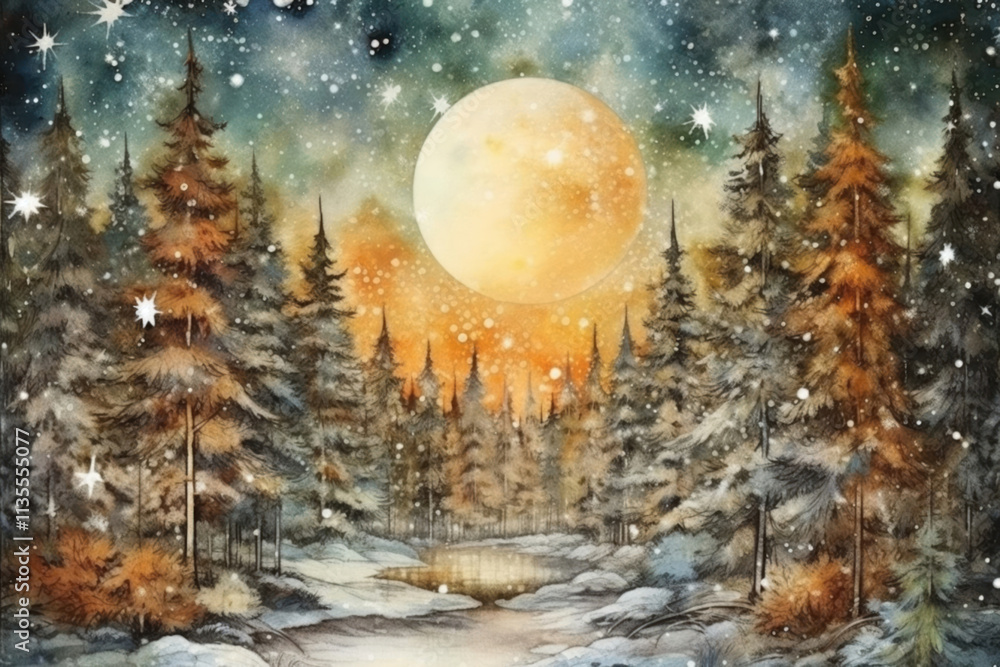 Fototapeta premium winter spruce forest and full moon over it., watercolor style, 