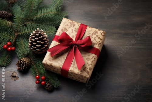 Festive wrapped Christmas gift with a red bow, surrounded by pinecones and holly leaves