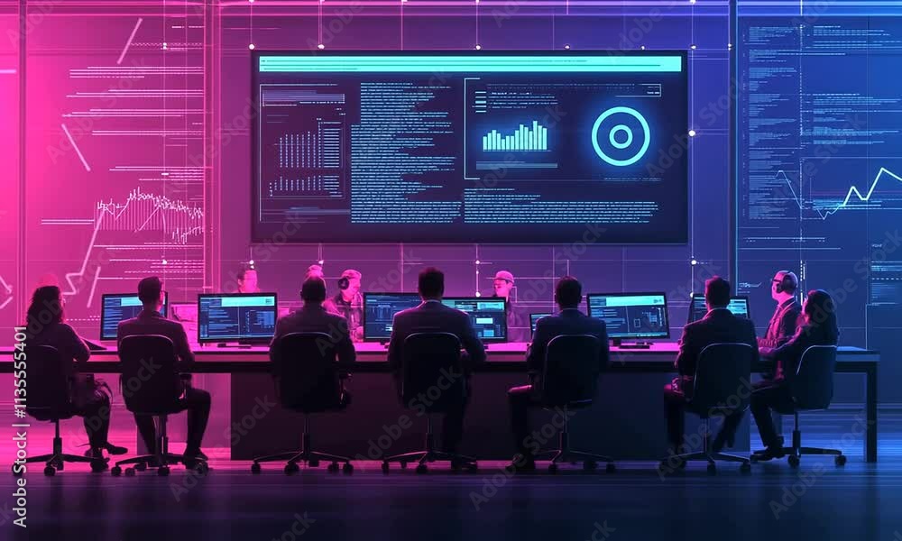 A high-tech control room with analysts monitoring data on large screens in a futuristic setting. A high-tech control room with analysts monitoring data on large screens in a futuristic setting.