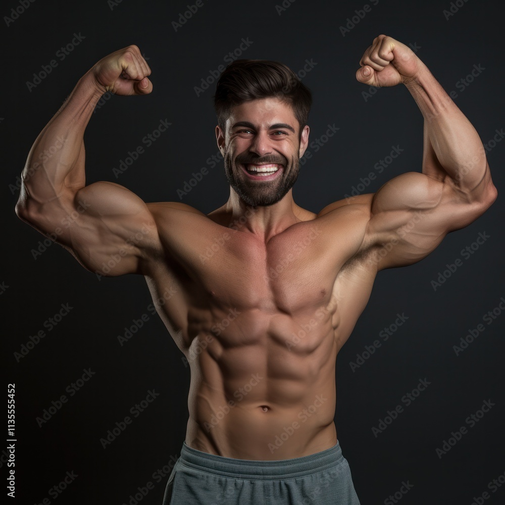 Happy athletic man with a fit physique flexing his muscles Happy athletic man with a fit physique flexing his muscles