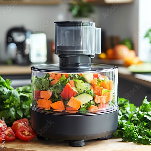 Colorful vegetables in a food processor.