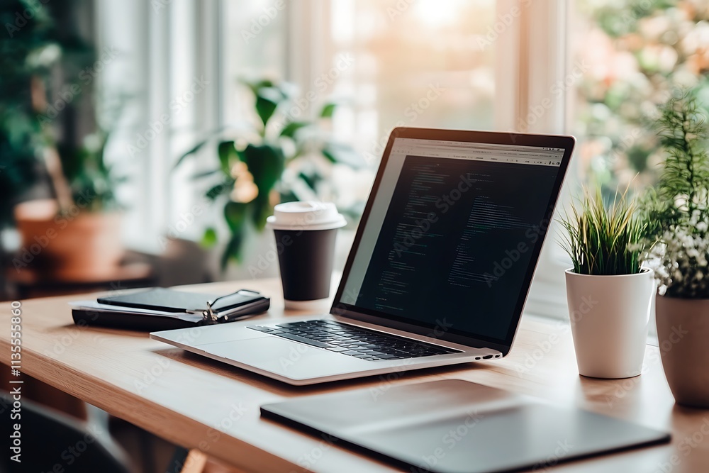 Modern workspace with laptop, coffee, and plants. Concept of remote work, productivity, and home office. Modern workspace with laptop, coffee, and plants. Concept of remote work, productivity, and home office.