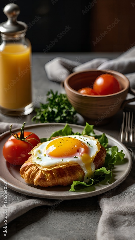 Gourmet croissant sandwich with ham, poached egg, melted cheese, and creamy sauce, garnished with lettuce and cherry tomatoes. Perfect for food blogs, restaurant menus, recipe features Gourmet croissant sandwich with ham, poached egg, melted cheese, and creamy sauce, garnished with lettuce and cherry tomatoes. Perfect for food blogs, restaurant menus, recipe features