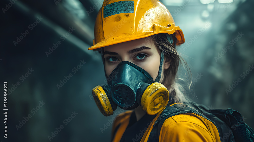 A woman adorned in a vibrant yellow helmet and protective gas mask stands confidently in a hazardous work environment. Her sturdy attire hints at the dangerous nature of her surroundings. A woman adorned in a vibrant yellow helmet and protective gas mask stands confidently in a hazardous work environment. Her sturdy attire hints at the dangerous nature of her surroundings.