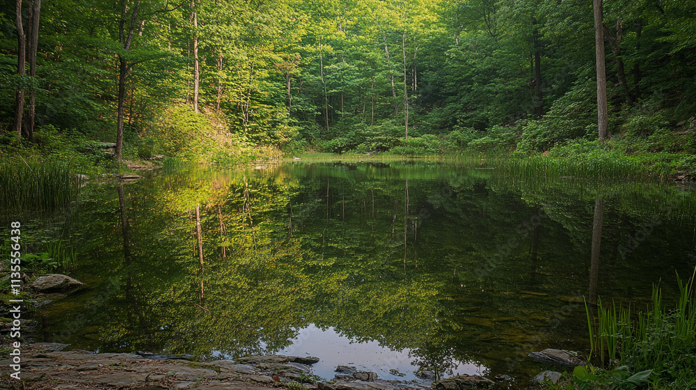 Calm forest pond reflecting lush greenery on a serene summer afternoon Calm forest pond reflecting lush greenery on a serene summer afternoon