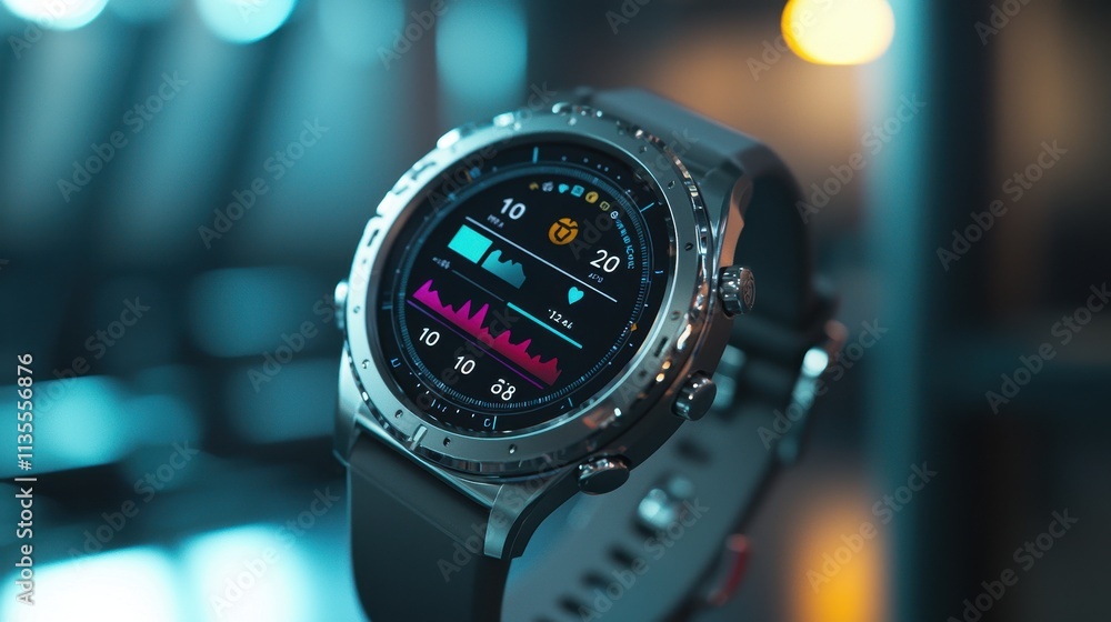 A close-up of a smartwatch tracking a live workout session, displaying metrics like heart rate, calories burned, and steps in vibrant colors on a sleek OLED screen. The metallic edges of the A close-up of a smartwatch tracking a live workout session, displaying metrics like heart rate, calories burned, and steps in vibrant colors on a sleek OLED screen. The metallic edges of the