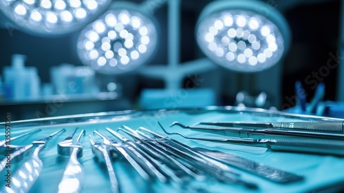 A close-up of a sterile tray holding surgical instruments, including forceps and scalpels neatly arranged under bright operating lights. The fine details of the polished tools reflect the precision 