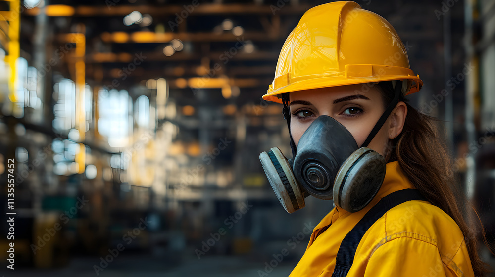 A woman adorned in a vibrant yellow helmet and protective gas mask stands confidently in a hazardous work environment. Her sturdy attire hints at the dangerous nature of her surroundings. A woman adorned in a vibrant yellow helmet and protective gas mask stands confidently in a hazardous work environment. Her sturdy attire hints at the dangerous nature of her surroundings.