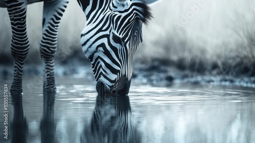 A close-up of a zebra drinking from a waterhole, its distinctive black-and-white stripes reflected in the still water. The blurred background of dry grasslands adds context to the scene, showcasing 