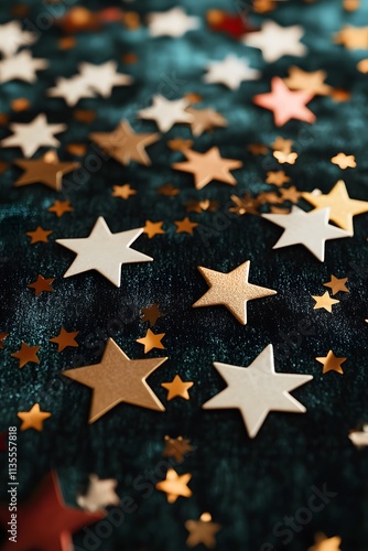 A festive arrangement of gold, silver, and white star-shaped confetti on a dark background.