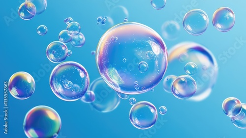 Set of soap bubbles isolated on a blue background close-up. Flying soap bubbles in format. Attributes of fun.