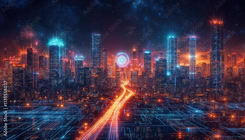 Futuristic Cityscape at Dusk with Neon Lights Futuristic Cityscape at Dusk with Neon Lights