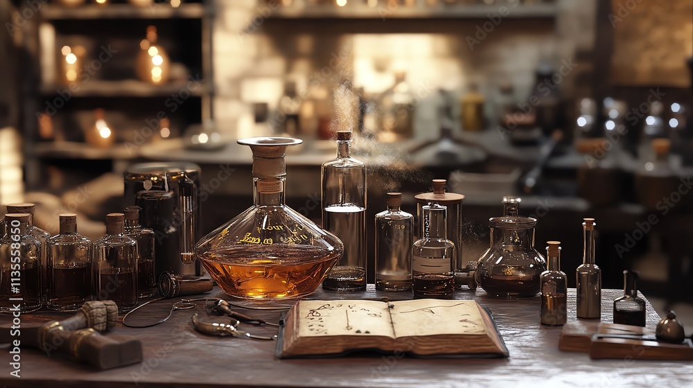 Laboratory table filled with glassware and potions. Laboratory table filled with glassware and potions.