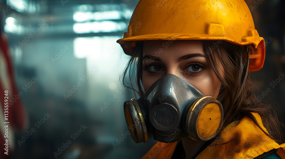 A woman adorned in a vibrant yellow helmet and protective gas mask stands confidently in a hazardous work environment. Her sturdy attire hints at the dangerous nature of her surroundings. A woman adorned in a vibrant yellow helmet and protective gas mask stands confidently in a hazardous work environment. Her sturdy attire hints at the dangerous nature of her surroundings.