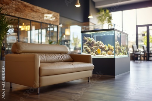 Aquarium luxury - stunning interior design large aquarium in modern luxury home, blending sophisticated architecture, serene aquatic life, sleek furniture to create elegant, tranquil atmosphere. photo