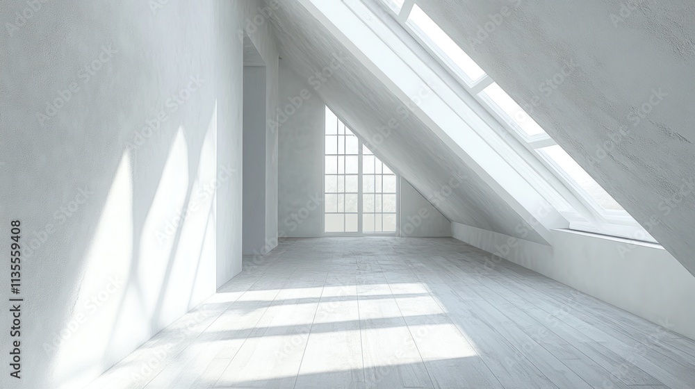 Fototapeta premium Sunlit Attic Room: Minimalist White Interior Design