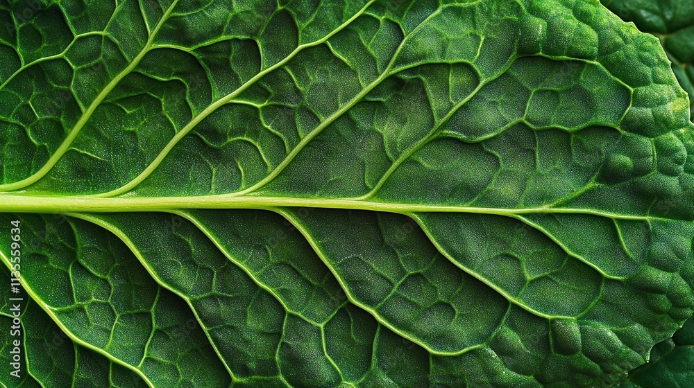 Naklejka premium Fresh green kale leaf showcasing intricate texture and vibrant color in natural light