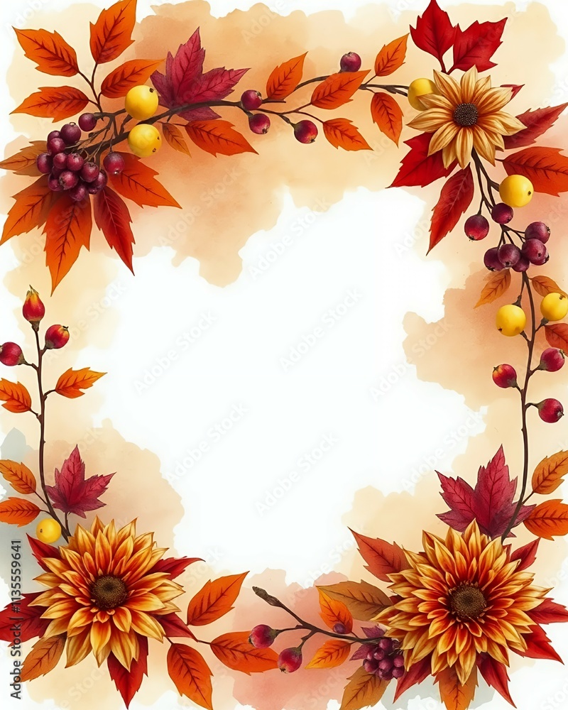 An invitation background with watercolor wash in warm tones of burnt orange, cranberry, and gold. Surround the text space with autumn leaves, berries, and chrysanthemums. An invitation background with watercolor wash in warm tones of burnt orange, cranberry, and gold. Surround the text space with autumn leaves, berries, and chrysanthemums.