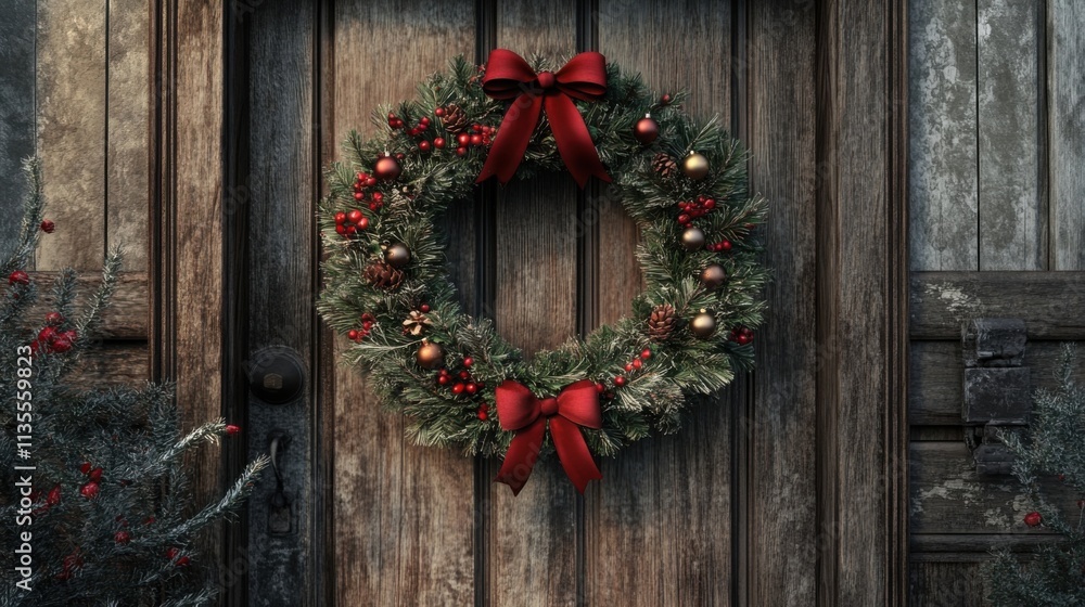 Christmas wreath, wooden door, no people. Christmas wreath, wooden door, no people.