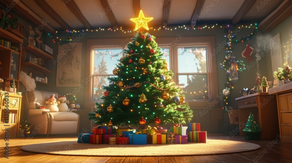 Decorated tree, presents, cozy room; warm, festive. Decorated tree, presents, cozy room; warm, festive.