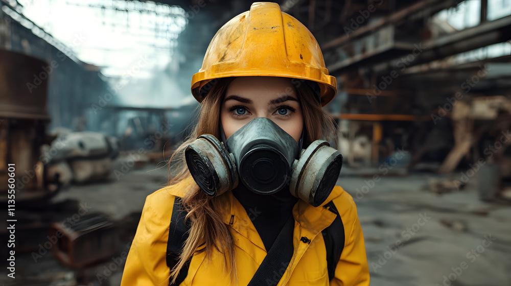 A woman adorned in a vibrant yellow helmet and protective gas mask stands confidently in a hazardous work environment. Her sturdy attire hints at the dangerous nature of her surroundings. A woman adorned in a vibrant yellow helmet and protective gas mask stands confidently in a hazardous work environment. Her sturdy attire hints at the dangerous nature of her surroundings.