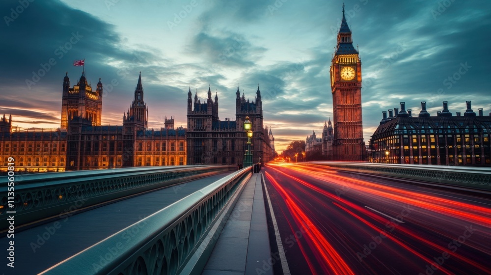 Big Ben, bridge, sunset, city; lights streak. Big Ben, bridge, sunset, city; lights streak.