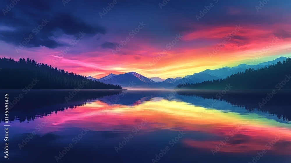 Fototapeta premium Vivid sunset reflecting on a serene lake.