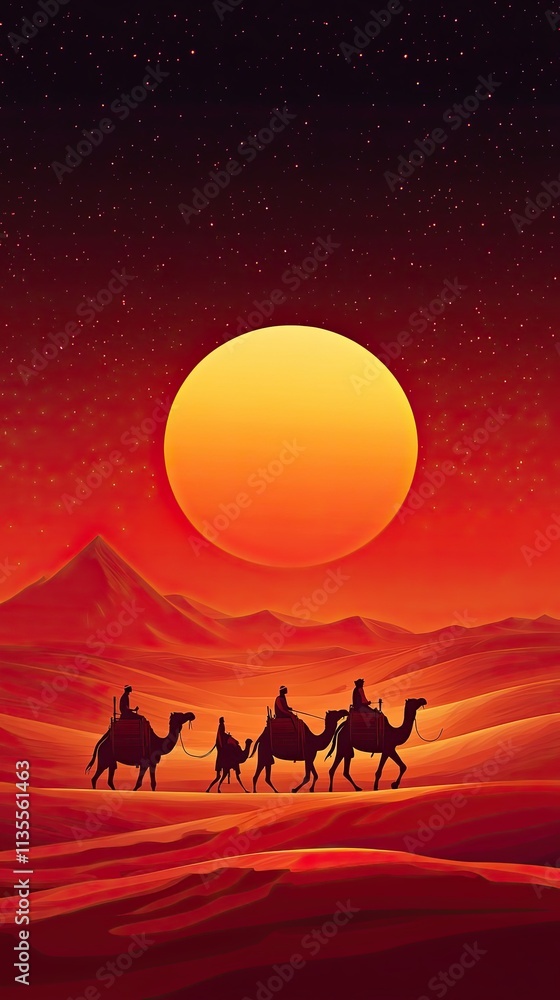 Desert Caravan Silhouette Underneath a Setting Sun Desert Caravan Silhouette Underneath a Setting Sun